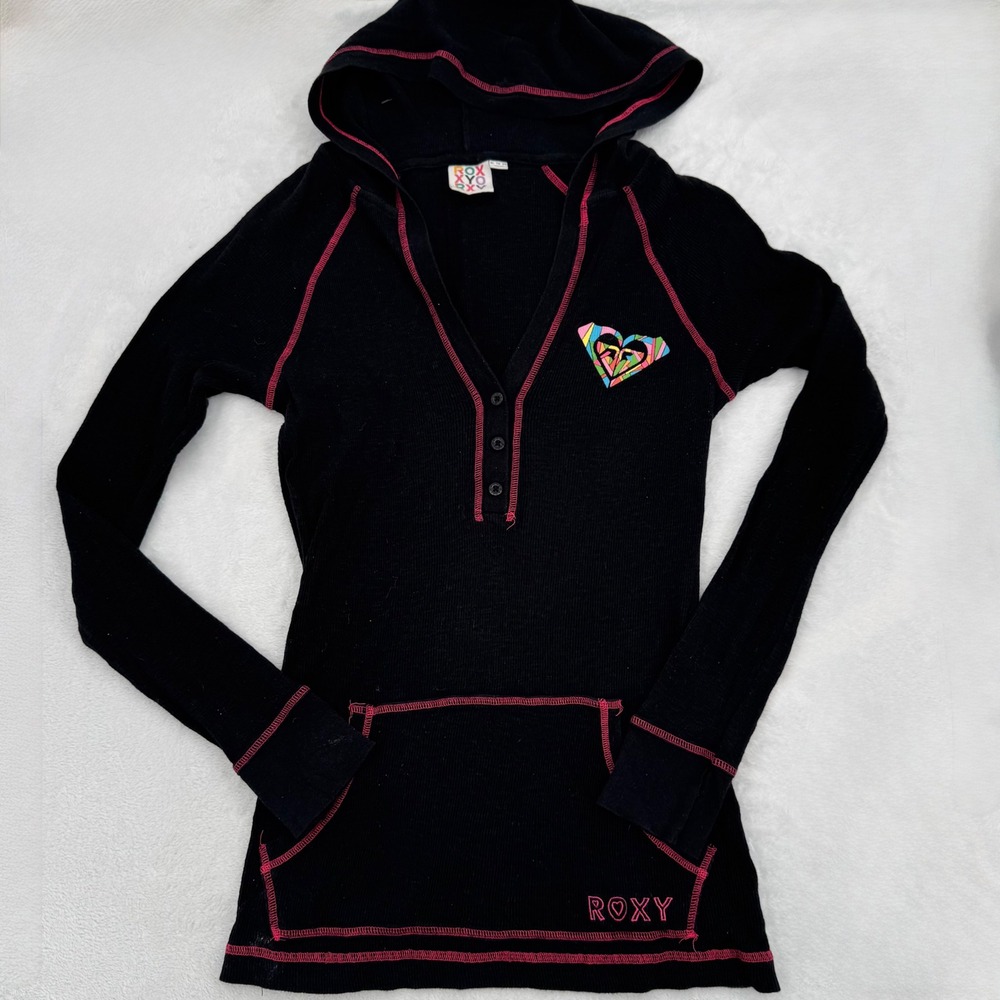 Vtg Y2K XL Roxy Black & Pink Thermal Henley Hooded Pullover Tunic Back Graphic